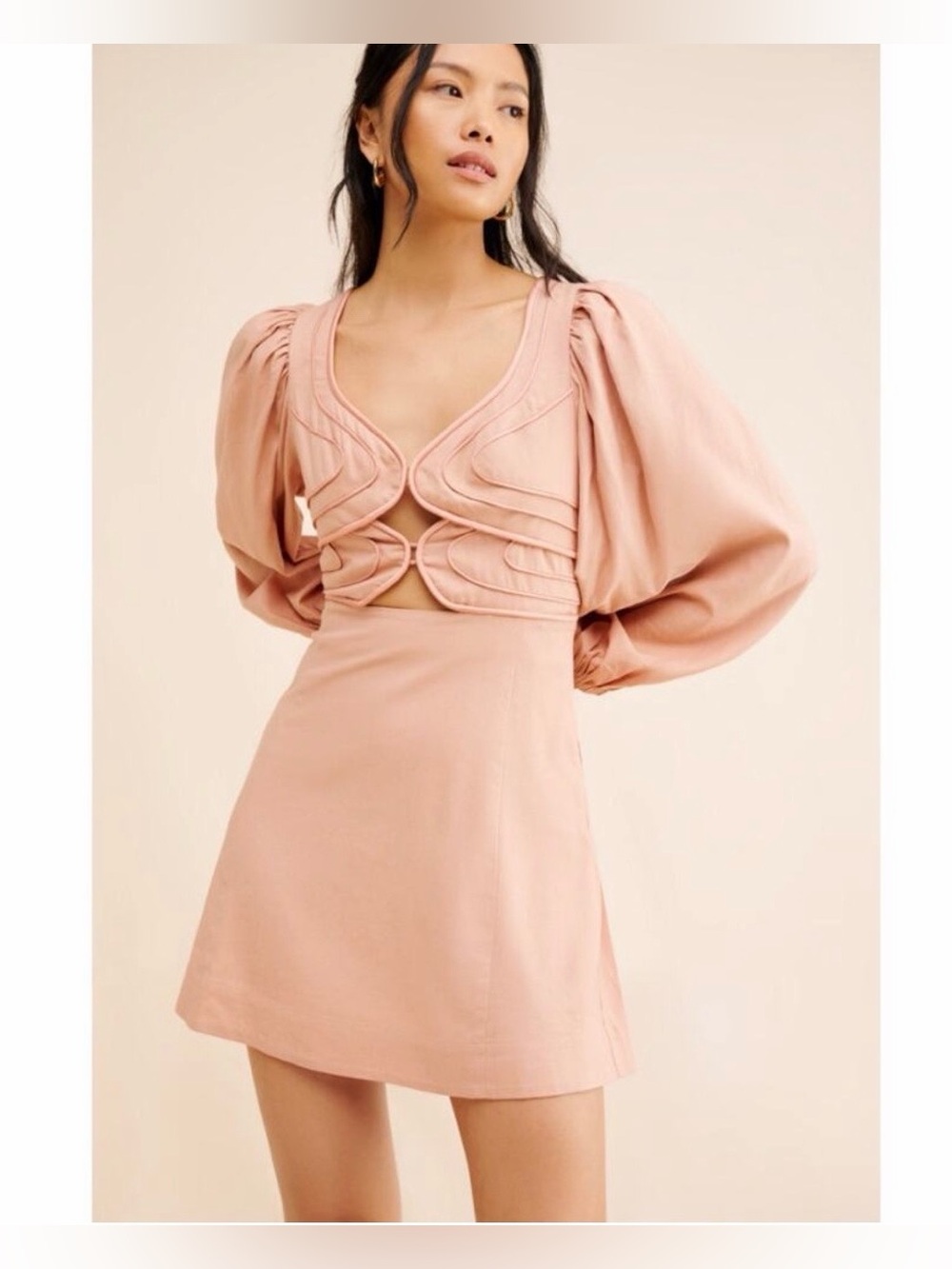 FARM Rio x Anthropologie Linen Puff-Sleeve Cutout Mini Dress in Rose Size XS